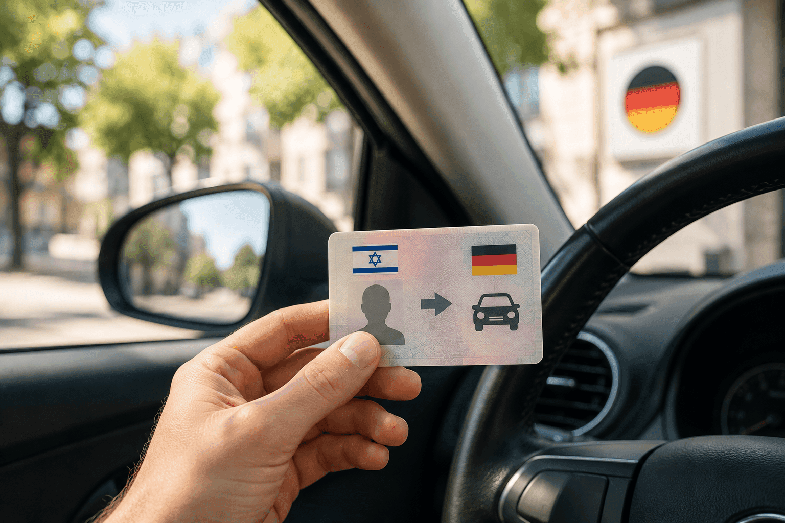 יד מחזיקה רישיון נהיגה בתוך מכונית, מראה צד ברקע