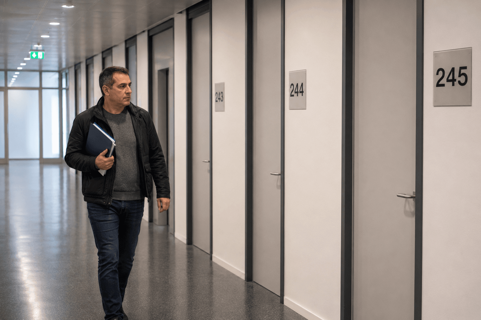 גבר צועד עם תיקייה במסדרון רחב של בניין ממשל גרמני, דלתות ממוספרות לאורך הקיר