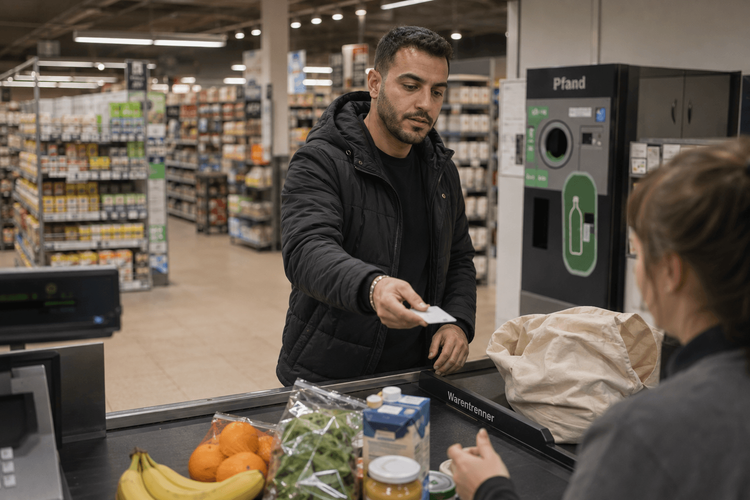 גבר מושיט כרטיס נאמנות לקופאית בקופה של סופרמרקט בגרמניה, קניות על המסוע ומכונת פיקדון בקבוקים ברקע